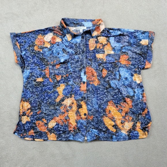 Kate Park Boho Abstract Animal Print Top XL Blue Orange Short Sleeve Button Up — photo 2